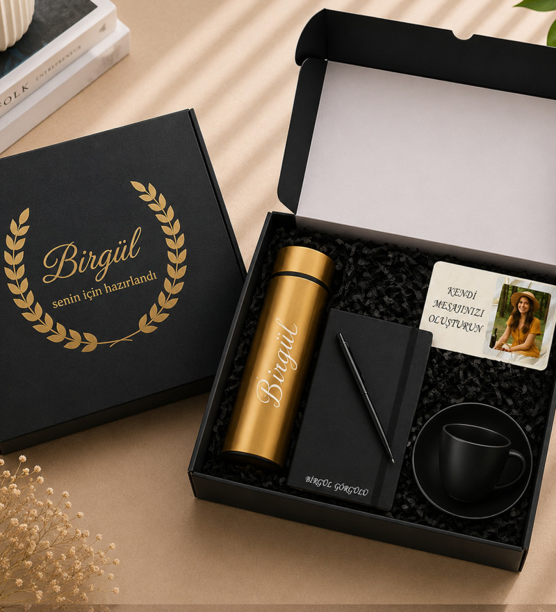 Kişiye Özel isimli Termos defter kalem fincan fotoğraf Gold set (Gold)