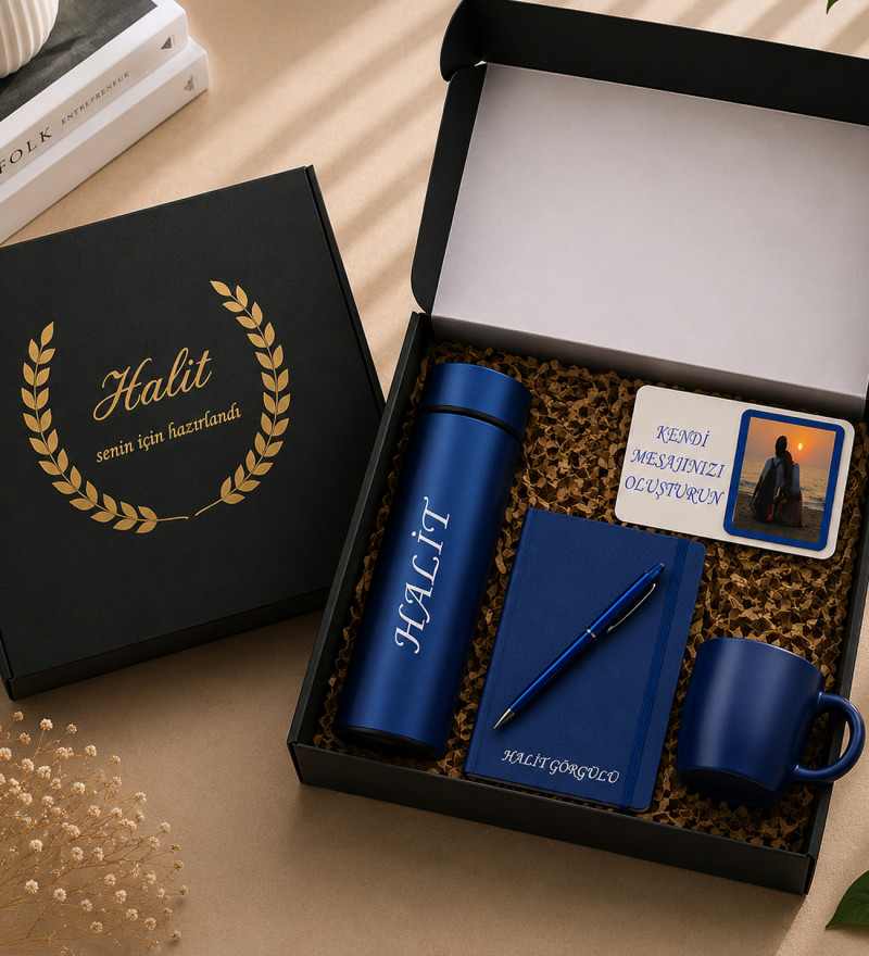 Kişiye Özel isimli defter kalem fincan fotoğraf Lacivert set (Lacivert)