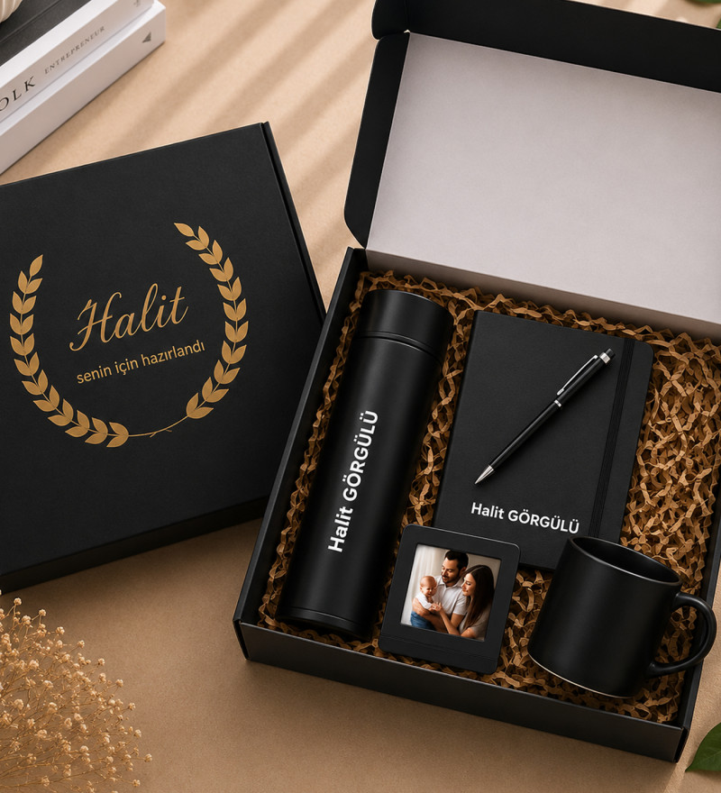 Kişiye Özel isimli defter kalem fincan fotoğraf siyah set (Siyah)