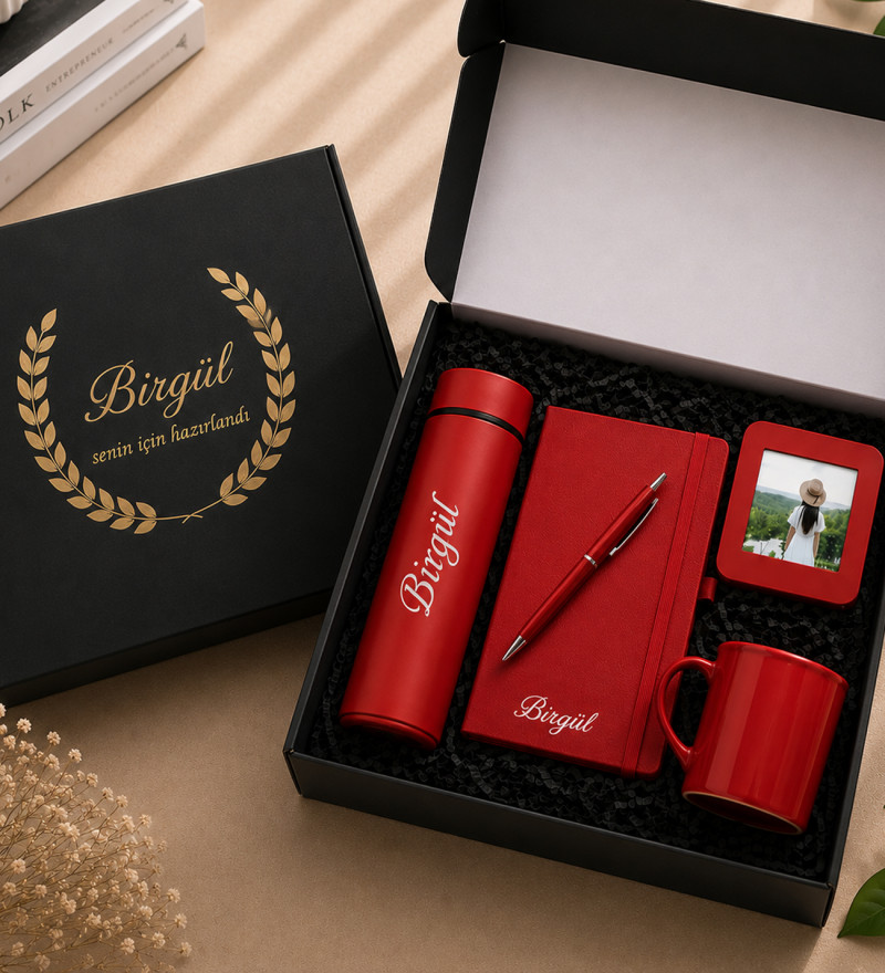 Kişiye Özel isimli defter kalem fincan fotoğraf Kırmızı set