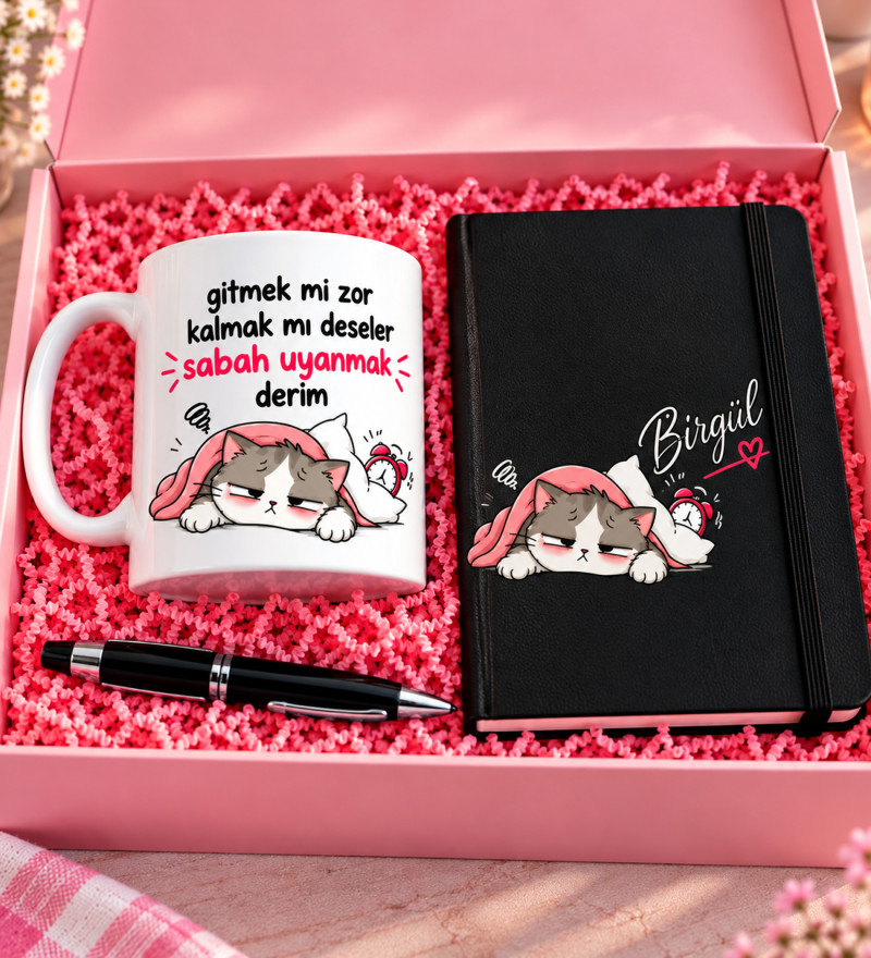 Kişiye Özel İsimli Uykucu Kedi Desenli Kupa, Defter ve Kalem Hediye Seti