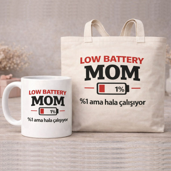 Low Battery Mom Club – Anne Temalı Kupa &amp; Bez Çanta Hediye Seti