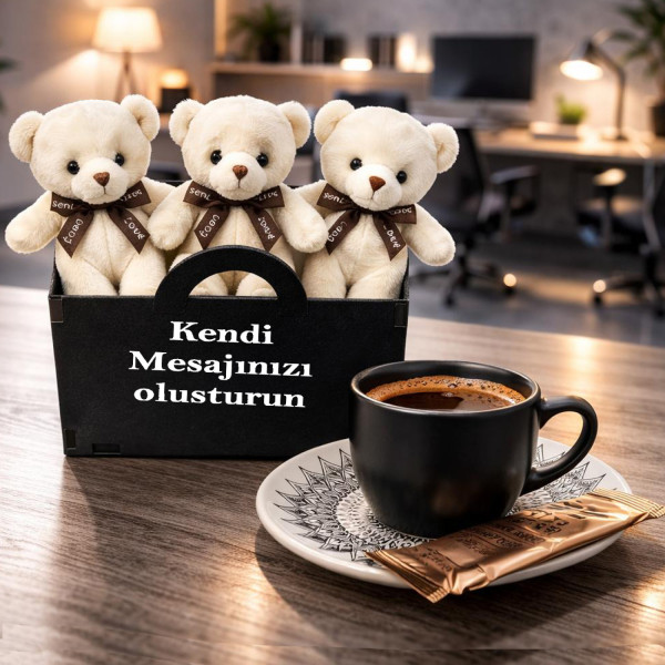Kişiye Özel Mesajlı ahşap kutuda Ayıcık buketi kahve fincanı Hediye Seti