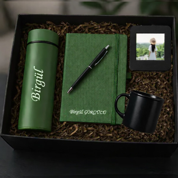 Kişiye Özel isimli defter kalem fincan fotoğraf Yeşil set