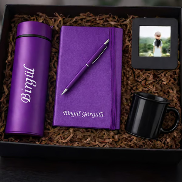 Kişiye Özel isimli defter kalem fincan fotoğraf Mor set