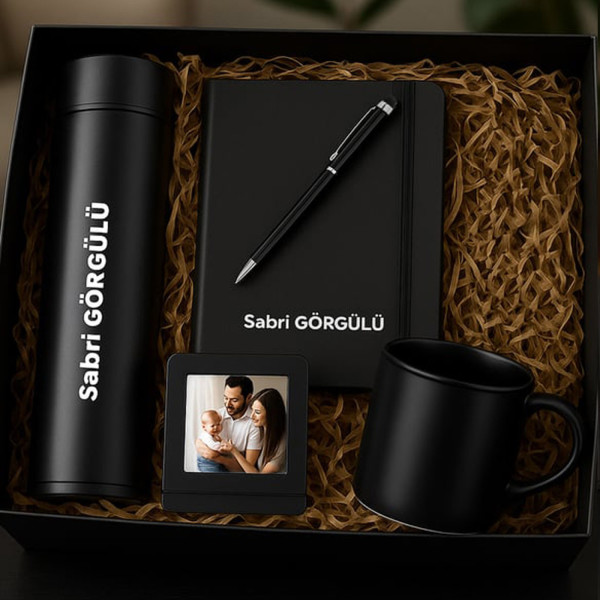 Kişiye Özel isimli defter kalem fincan fotoğraf siyah set (Siyah)