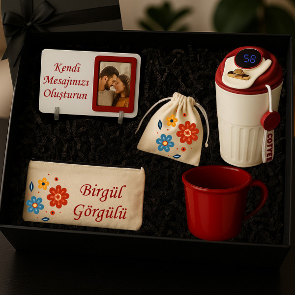 Kişiye Özel Hediye Seti - Dereceli Bardak Termos &amp; Bez  Makyaj Çantası &amp; bardak &amp; lavanta kesesi - Kırmızı
