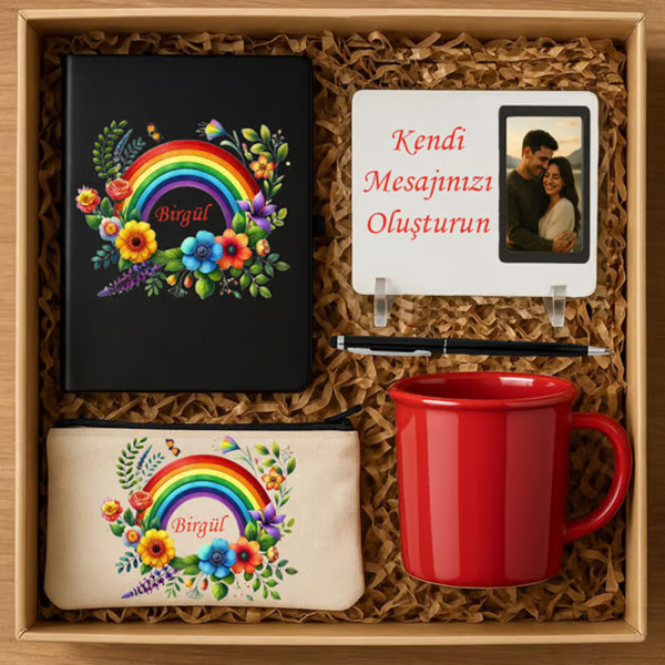 Kişiye Özel gökkuşağı çiçek desenli Hediye Seti kırmızı (Kırmızı)
