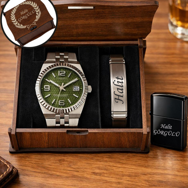 Hediye Kutulu Kişiye Özel Çakmaklı Erkek Saat Yeşil