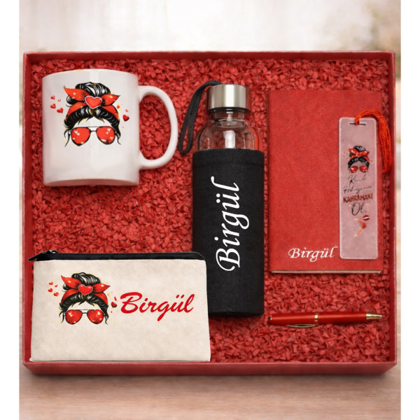Kişiye Özel İsimli Premium Hediye Seti – Kupa, Cam Matara, Defter, Çanta &amp; Kalem