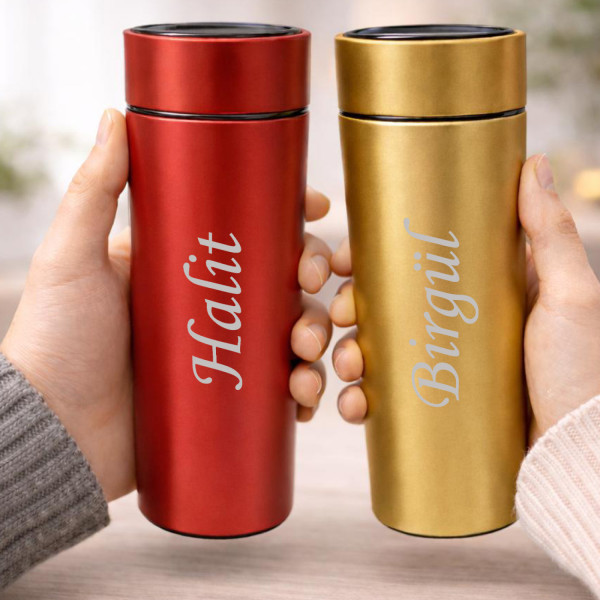 Kişiye Özel Dereceli Termos 500 ml 2 Adet Gold-Kırmızı