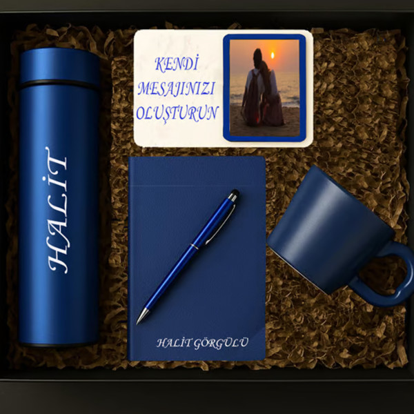 Kişiye Özel isimli defter kalem fincan fotoğraf Lacivert set (Lacivert)